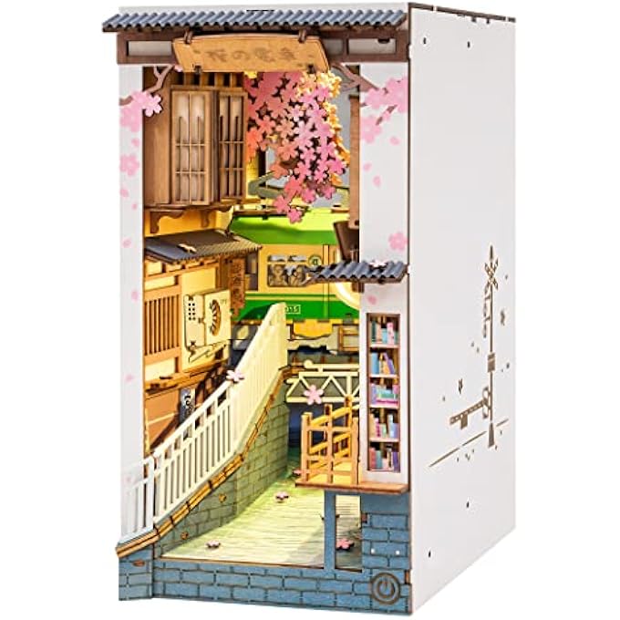 DIY BOOK NOOK KIT 3D WOODEN PUZZLE FOR ADULTS 8.7" BOOKSHELF INDERT DECOR WITH LED MINIATURE DOLLHOUSE KIT BOOKEND CRAFTS DIORAMA HOBBIES GIFTS FOR BOYS GIRLS (SAKURA DENSYA) - Image 1